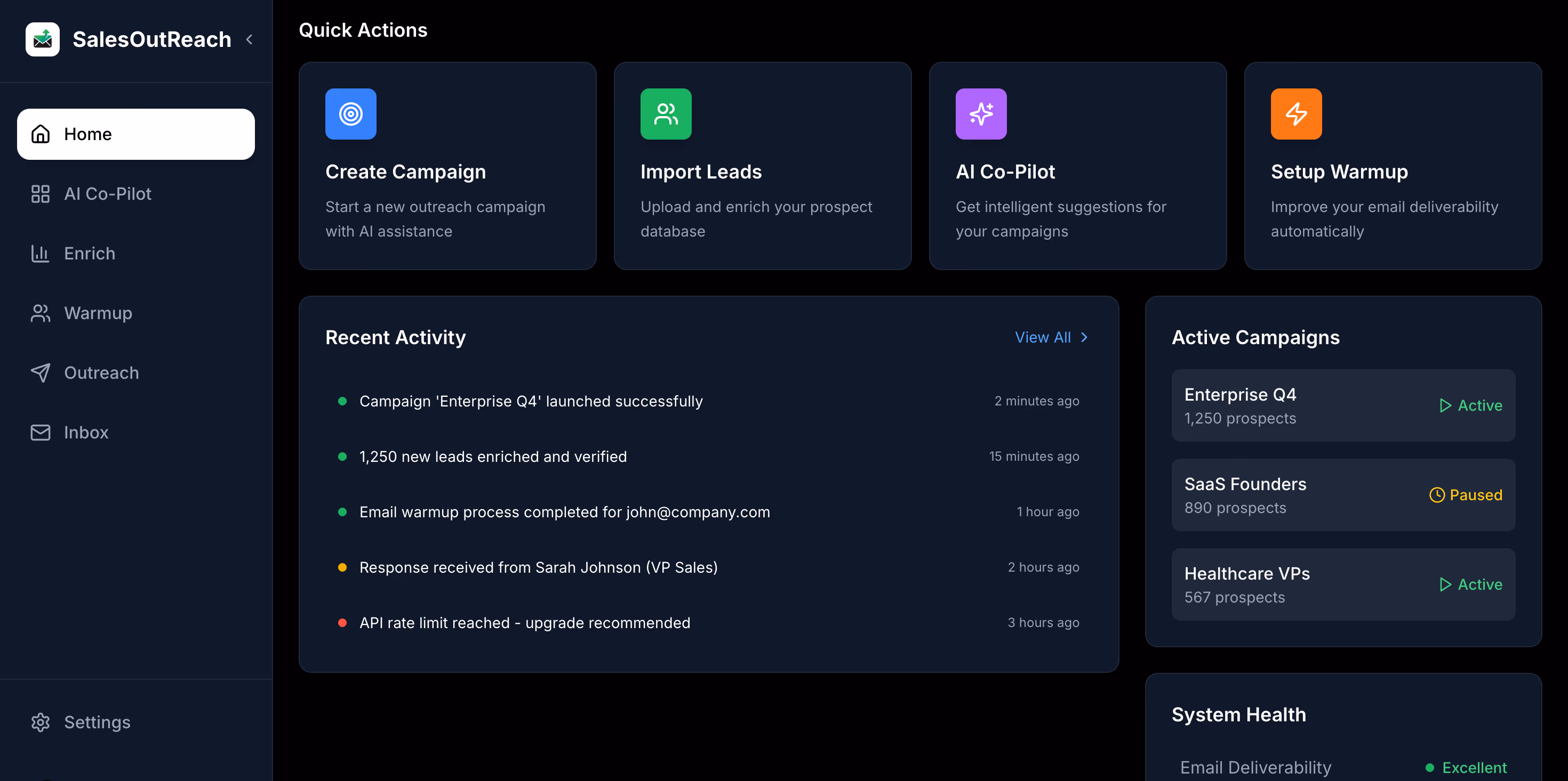 AI-powered sales prospecting dashboard showing lead enrichment and outreach features