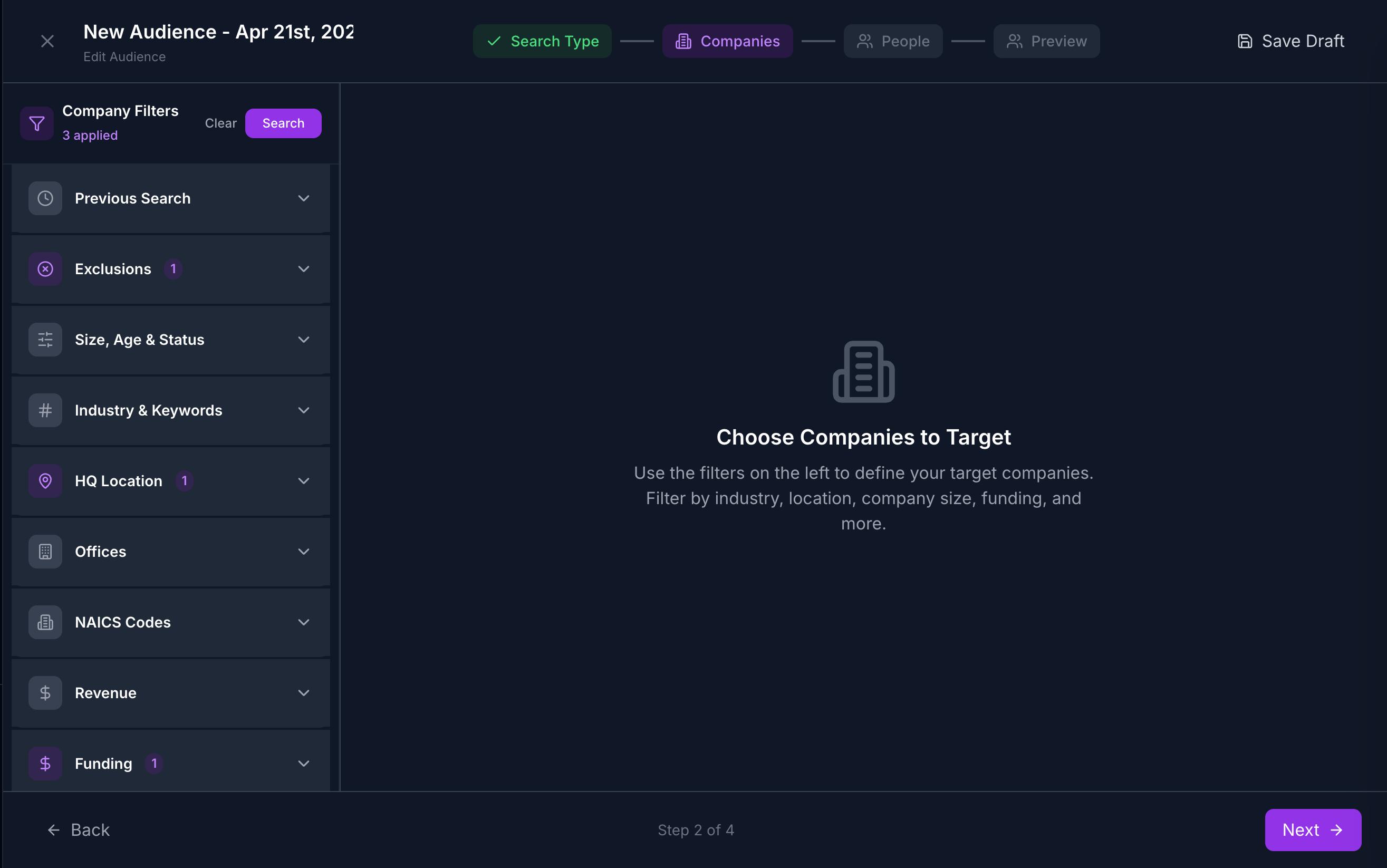 SalesOutreach audience builder showing company filters for outbound prospecting